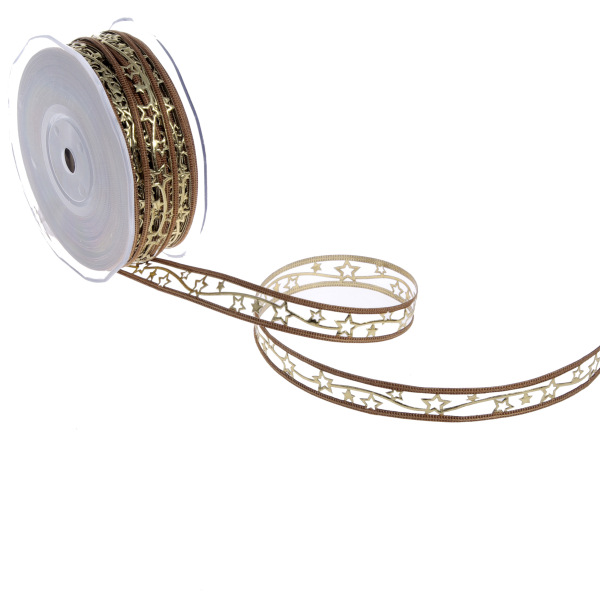 Weihnachtsband mit Sternchen - braun/gold - 15 mm Breite - 20 m L&auml;nge - 90159-15-20-85