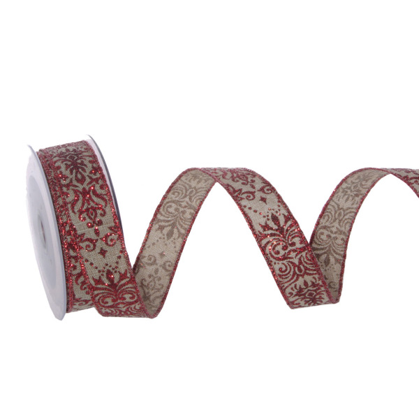 Leinenstrukturband mit Glitzer-Ornamenten - Rot - mit Drahtkante - Weihnachten - ca. 25 mm Breite - 10 m L&auml;nge - 93132-25-10-30