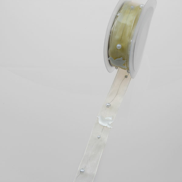 Organzaband creme, 25 mm, 5-m-Rolle, mit Perlen und Tauben auf Draht - 97526 025-R 050
