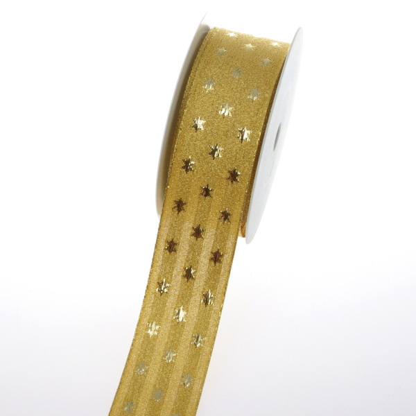 Lurexband Matt mit Sternen - Dunkelgold - 40 mm breit - Rolle 20 m - 47024-40-52