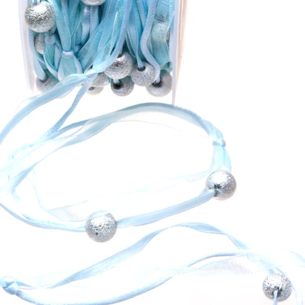 3-fach Seidenkordel mit matt gl&auml;nzenden Perlen hellblau  - 20 mm Breite auf 10 m Rolle - 97125 700-R 20